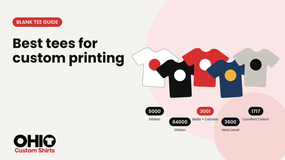 Five custom printed T-shirts in white, black, red, navy and gray with the style numbers 5000, 64000, 3001, 3600 and 1717