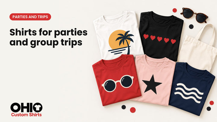 Five coordinated custom T-shirts with a sun, hearts, sunglasses, a star and a wave, next to sunglasses and a tote bag