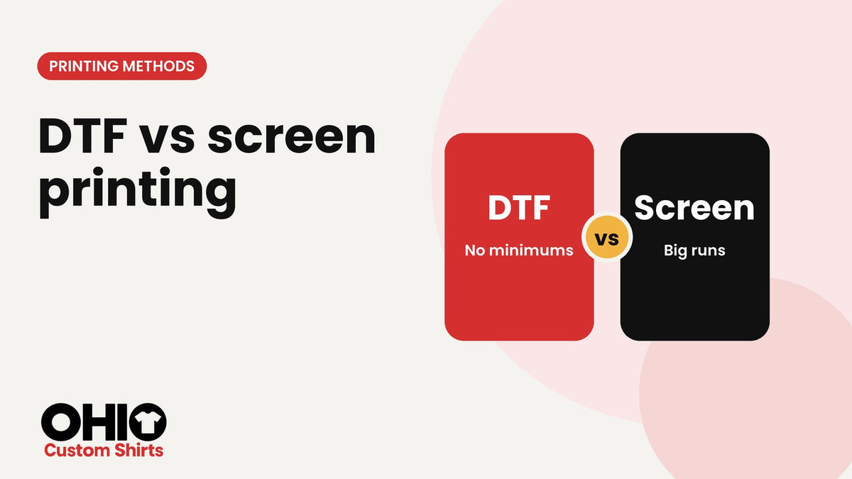 A red DTF card and a black screen printing card with a versus badge