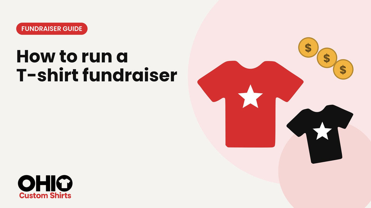 A red custom T-shirt with a white star and a stack of gold coins