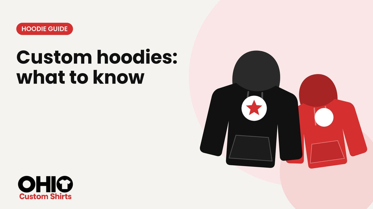 A black and a red custom hoodie with prints on the chest