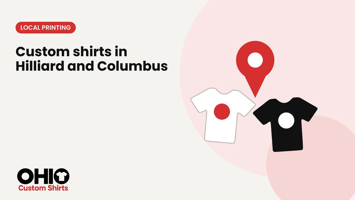 A red map pin above a white and a black custom T-shirt