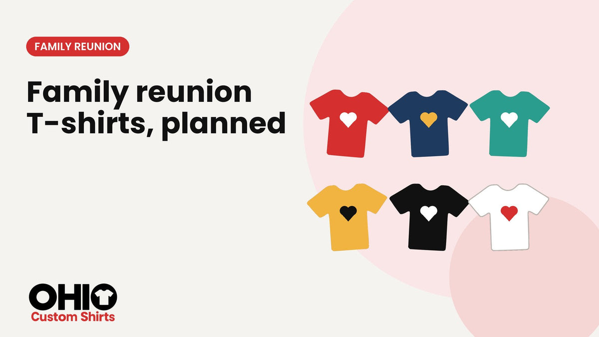 Six custom T-shirts in red, navy, teal, gold, black and white, each with a heart on the chest