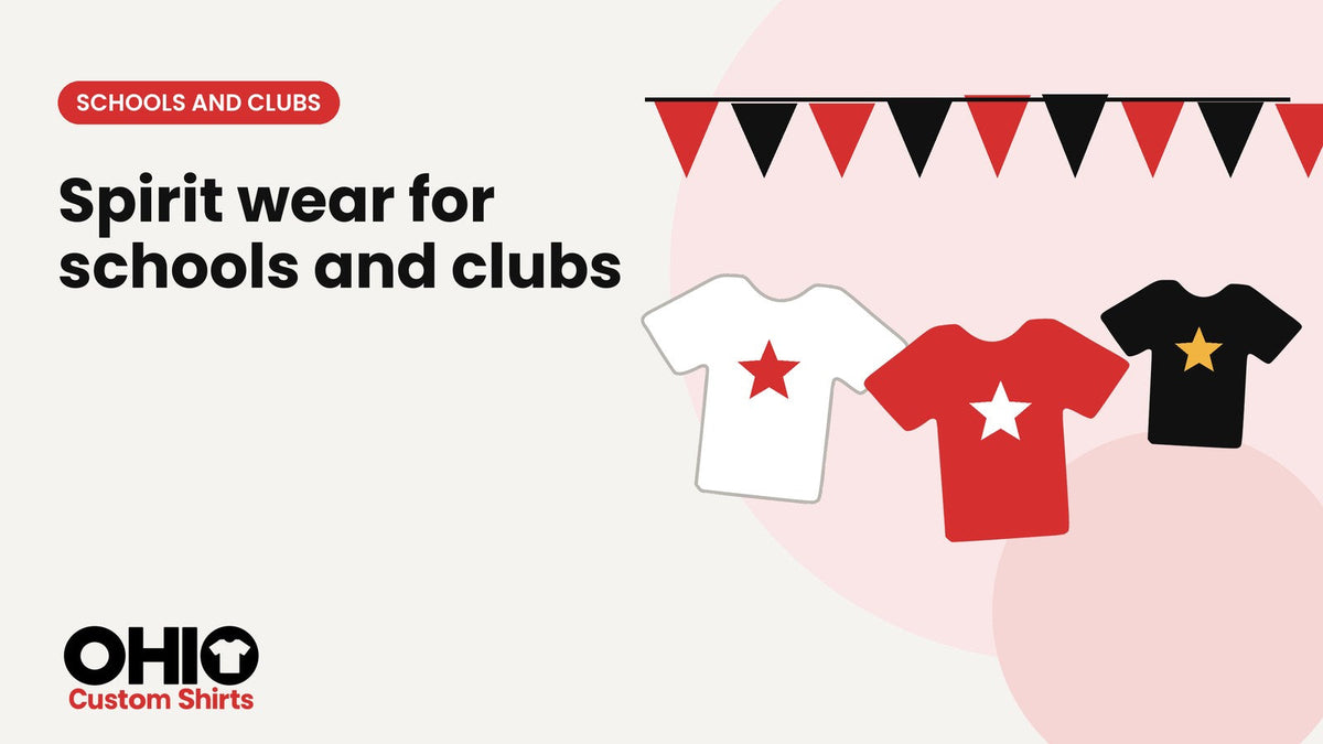 Three spirit wear T-shirts in white, red and black with stars, under a string of pennant flags