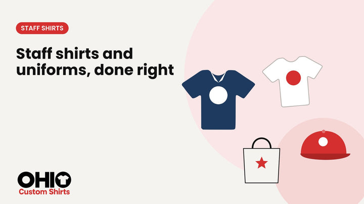 A navy polo with a white print, a white T-shirt, a red cap and a tote bag